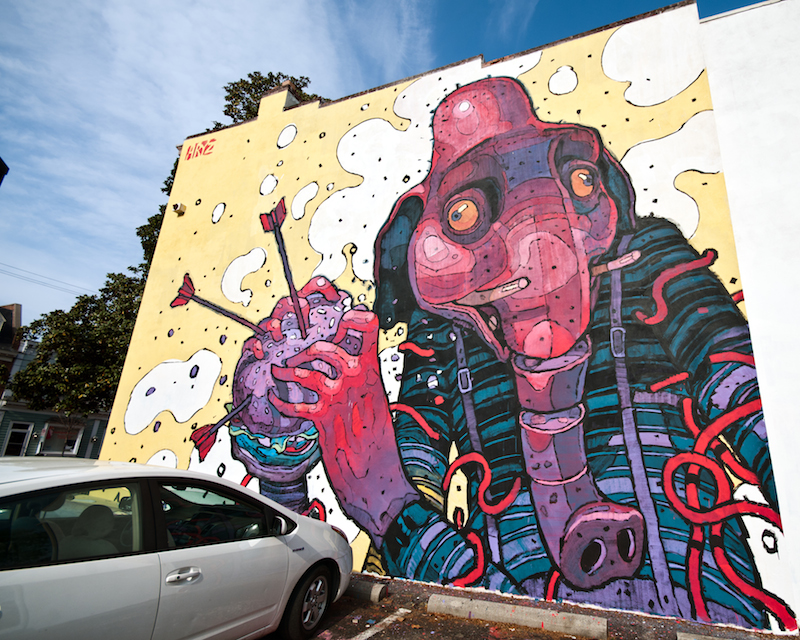 Work by Aryz in Richmond, Virginia where the photographer appears to have boosted the saturation of the image. Photo by Bill Dickinson.