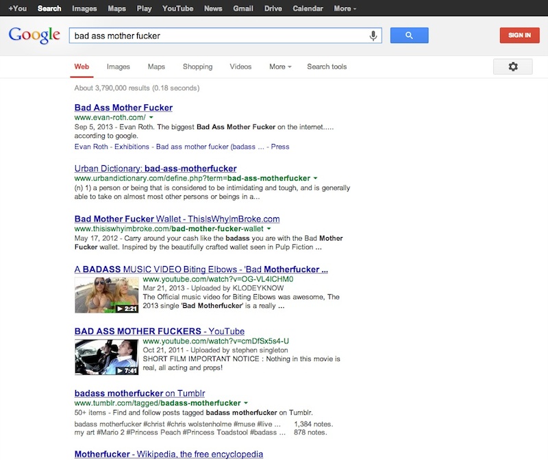 A screenshot of a Google search for "bad ass mother fucker" in September 2013.