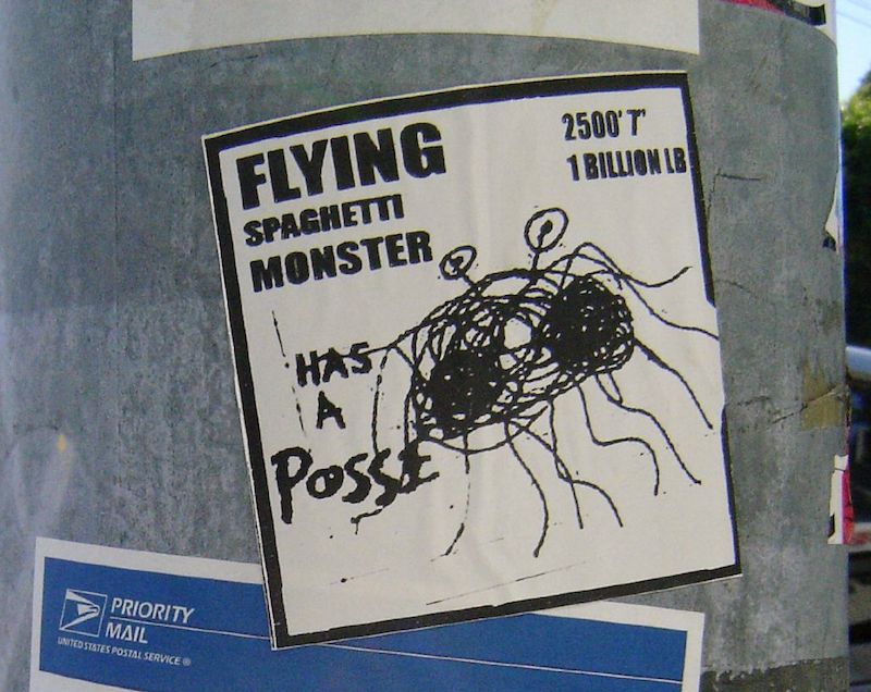 A parody of Shepard Fairey's "André the Giant Has a Posse" image. This parody features the Flying Spaghetti Monster. Photo by Richard Lemarchand.