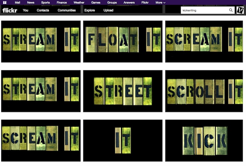 A screenshot from Flickr of a search for "kickwriting," the results of which feature John Fekner's photographs of stencils arranged with little discernible pattern to form a poem.