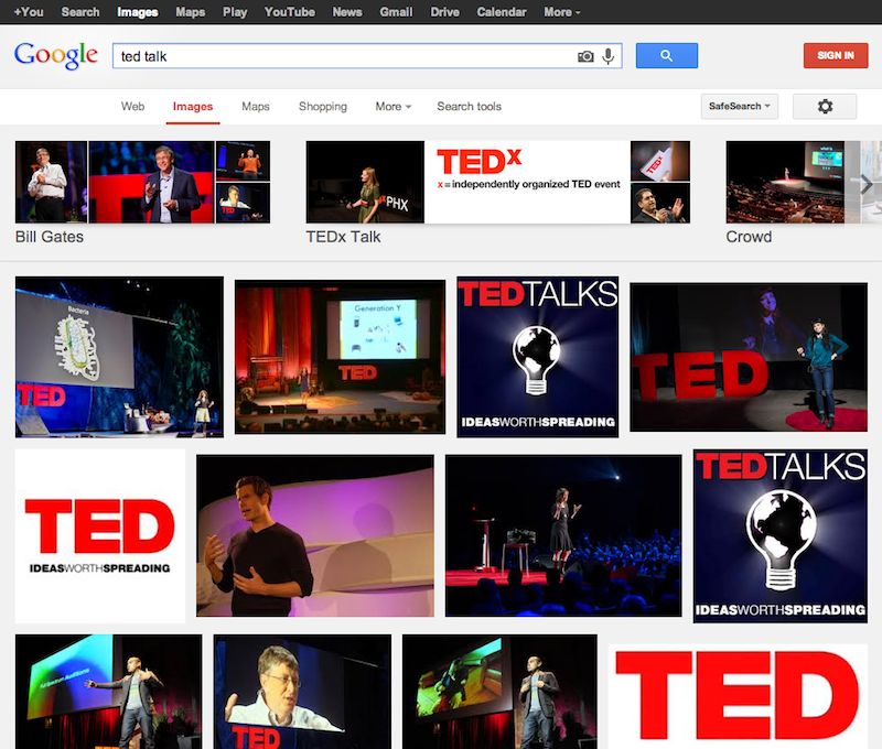 A screenshot of a Google Image search for "ted talk" in September 2013. Note the woman in the blue/green shirt on the far right of the first row of results. She is not giving a "real" Ted Talk. She was a participant in Ideas Worth Spreading when it was installed at Eyebeam.