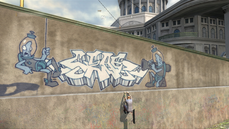A screenshot of Bergia's artwork in Tony Hawk's Project 8. Game published by Activision and screenshot by Diego Bergia.