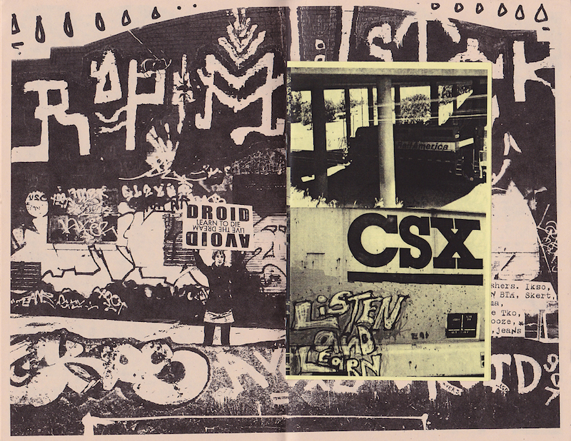 A spread inside of the zine Learn To Die Live The Dream II by AVOID pi and DROID 907. Photo by Adam Void.