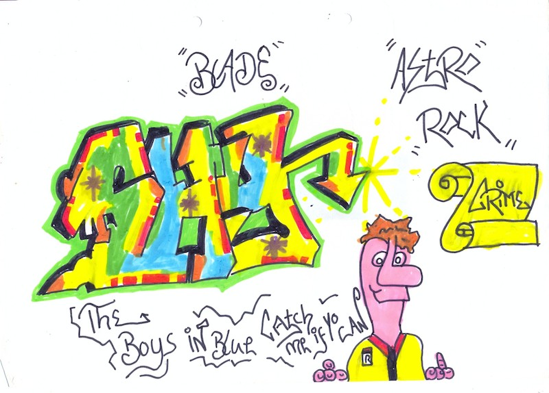 Sketch by James Jessop (1986) copying a SHY piece from Subway Art. Courtesy of James Jessop.