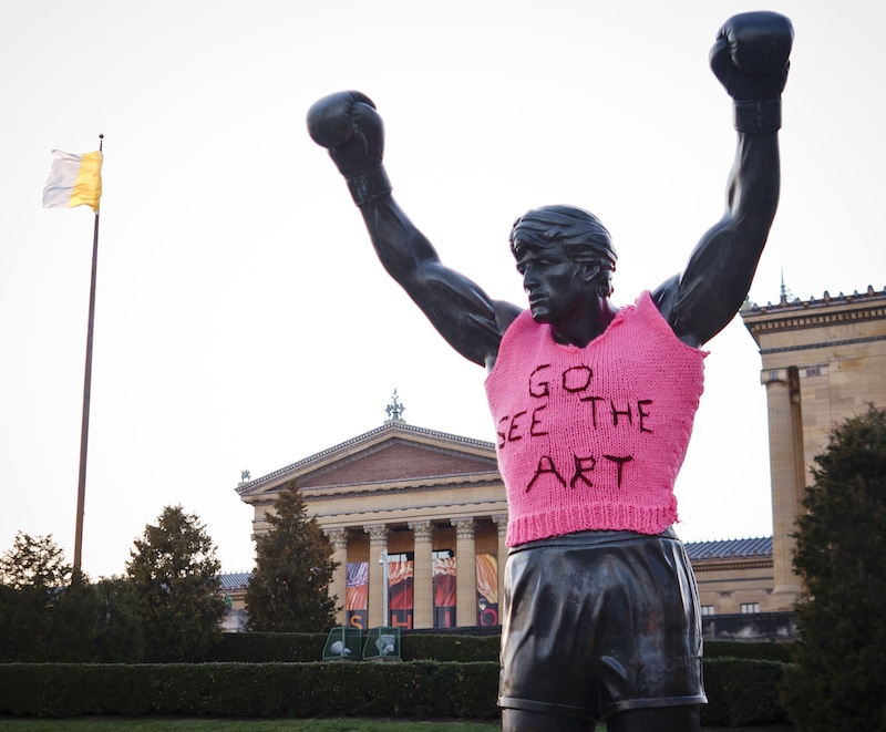 This yarn bomb by Ishknits probably didn’t last too long. Another piece she installed on the same sculpture only lasted a few minutes. Photo by Ahd Photography.