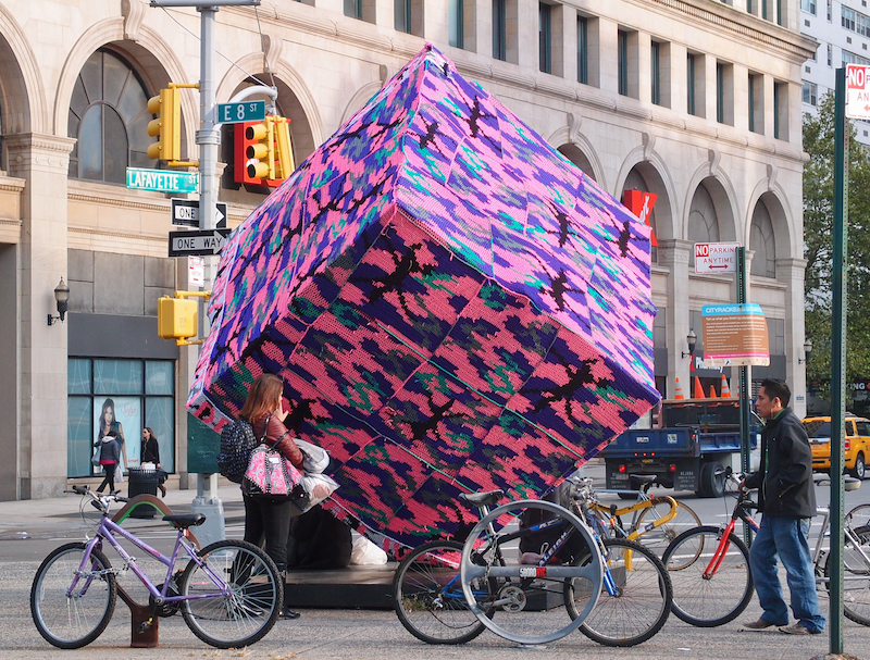 Olek's takeover of Alamo by Tony Rosenthal. Photo by Dan DeLuca.